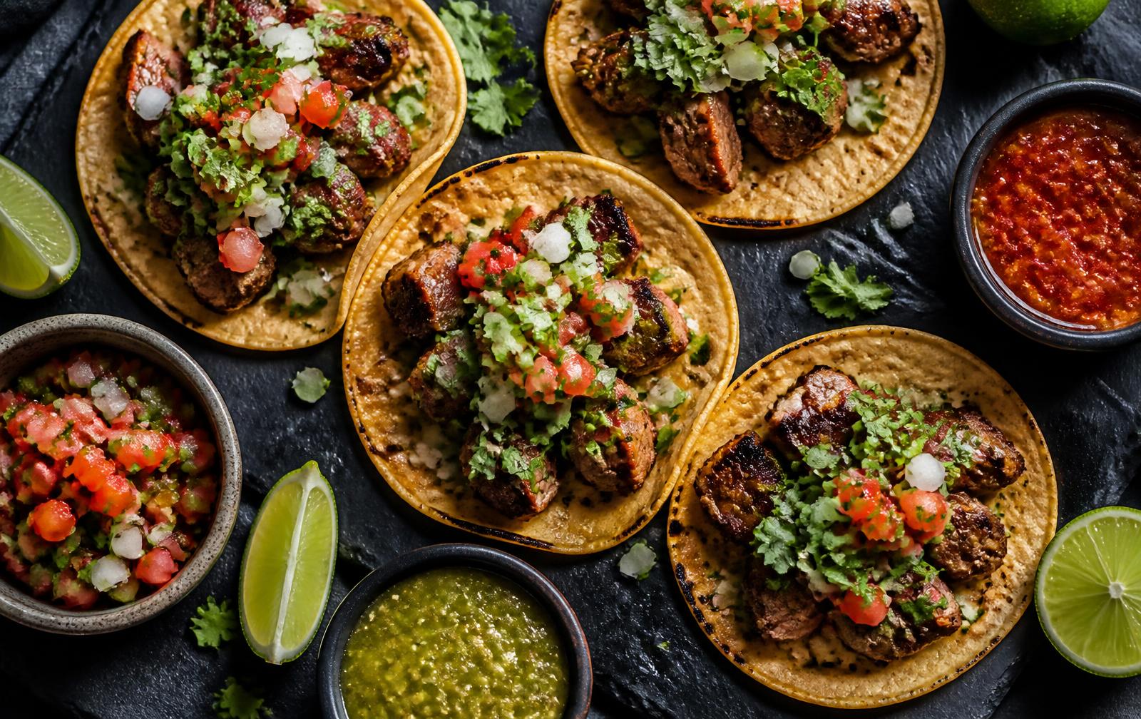 Freshly made street tacos with salsa, lime and cilantro